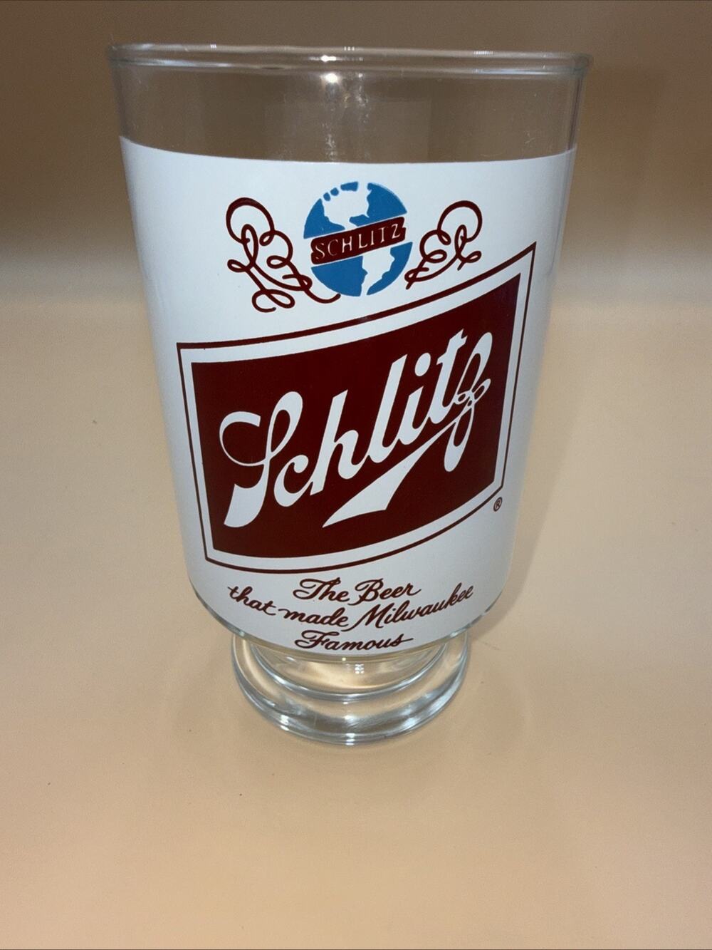 SCHLITZ BEER VINTAGE 32oz. LARGE FOOTED BAR GLASS 7" TALL Clean